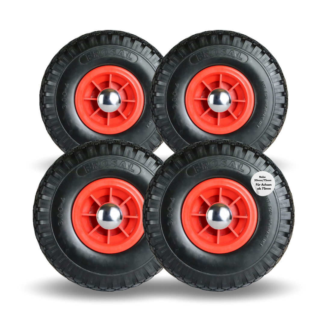 Frosal PU Ersatzrad mit Radkappe Nabe 20mm/75mm Bollerwagen – Rad und Achsstopfen Sackkarre pannensi 4 Stück