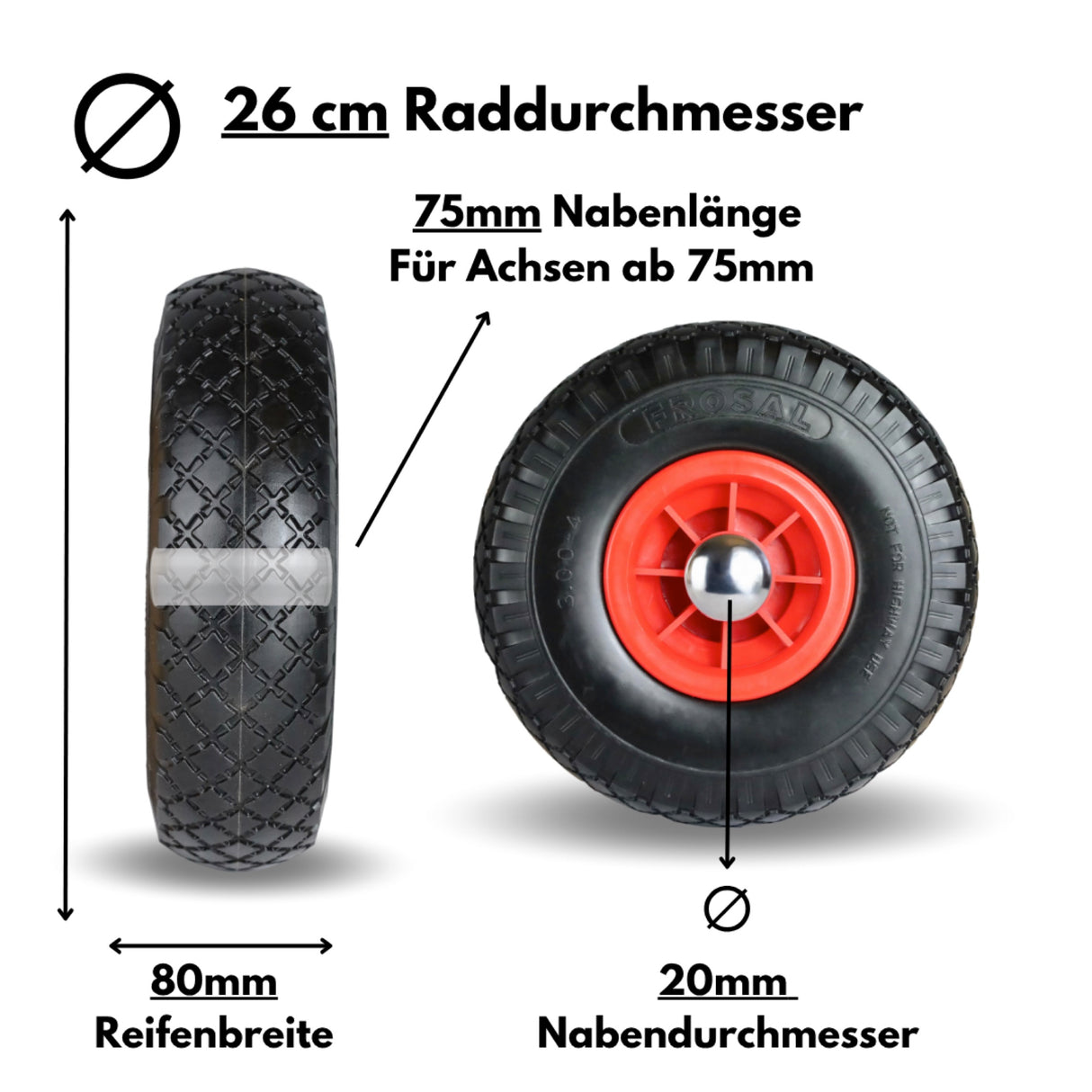 Frosal PU Ersatzrad mit Radkappe Nabe 20mm/75mm Bollerwagen – Rad und Achsstopfen Sackkarre pannensi