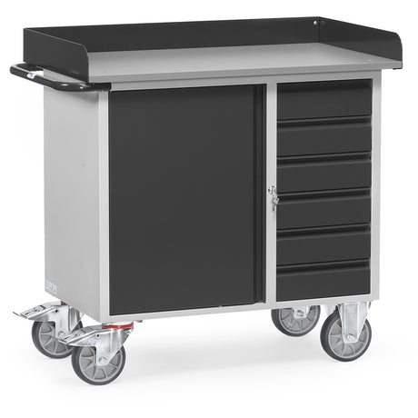 Fetra 12450 7016 Stahlblech-Werkstattwagen "GREY EDITION" mit Schrank, sechs Schubladen, Abrollrand