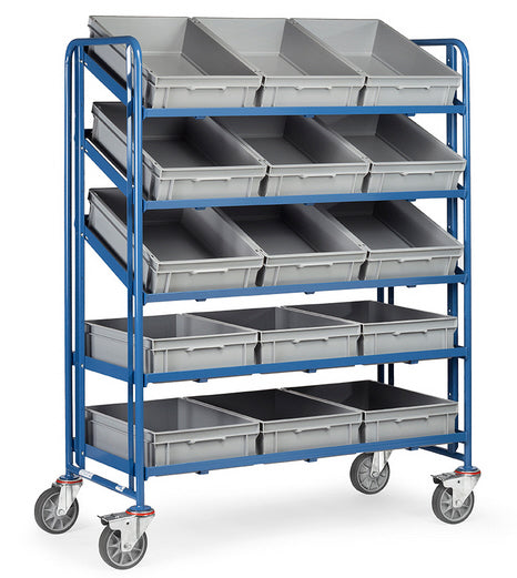 Fetra 1399 Eurokasten-Wagen mit fünf offenen Etagenrahmen und 15 Eurokästen