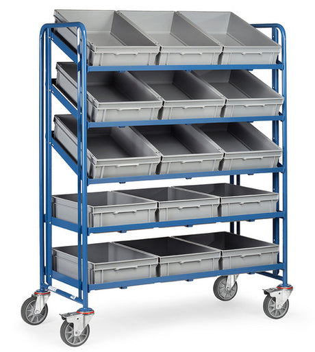 Fetra 1399 Eurokasten-Wagen mit fünf offenen Etagenrahmen und 15 Eurokästen