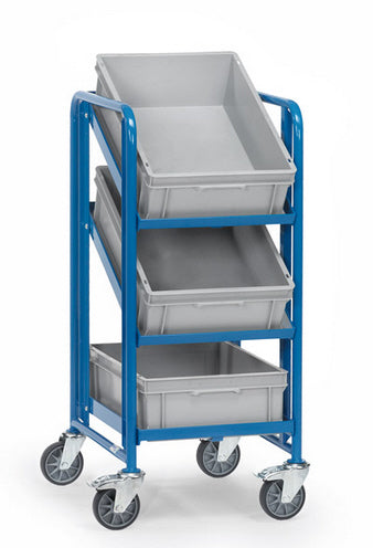 Fetra 2382 Eurokasten-Wagen mit drei offenen Etagenrahmen und drei Eurokästen