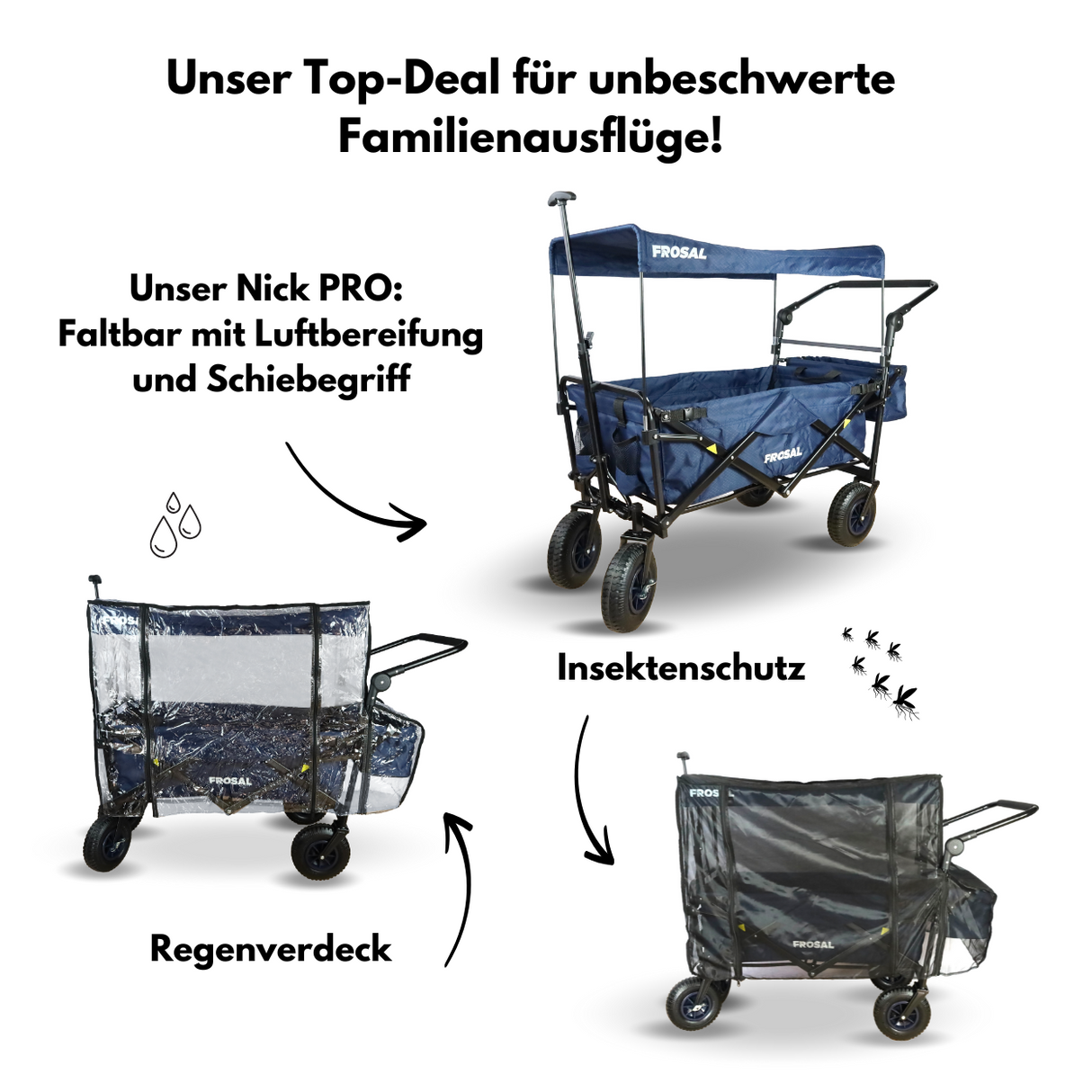 FROSAL Bollerwagen Nick PRO blau inkl. Regenverdeck und Insektenschutz