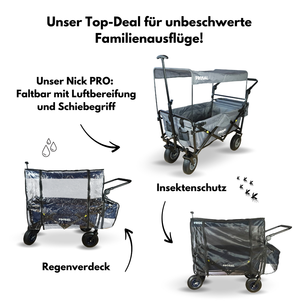 FROSAL Bollerwagen Nick PRO grau inkl. Regenverdeck und Insektenschutz