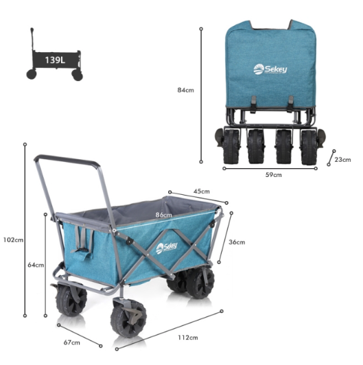 Sekey faltbarer Bollerwagen mit Schubstange - türkis