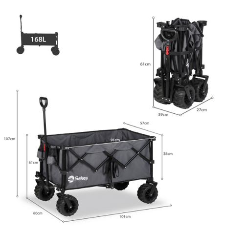 Sekey faltbarer Bollerwagen grau - aus vier Richtungen zusammengeklappt - großen Rädern - 168L