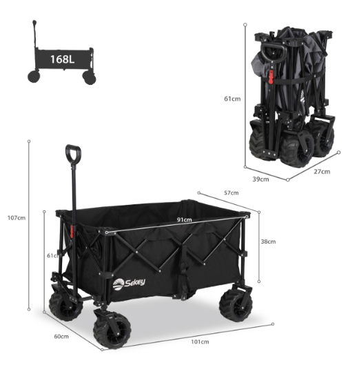 Sekey faltbarer Bollerwagen schwarz - aus vier Richtungen zusammengeklappt - großen Rädern - 168L
