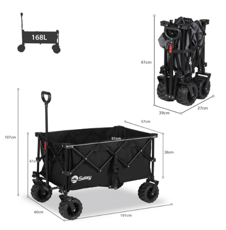 Sekey faltbarer Bollerwagen schwarz - aus vier Richtungen zusammengeklappt - großen Rädern - 168L
