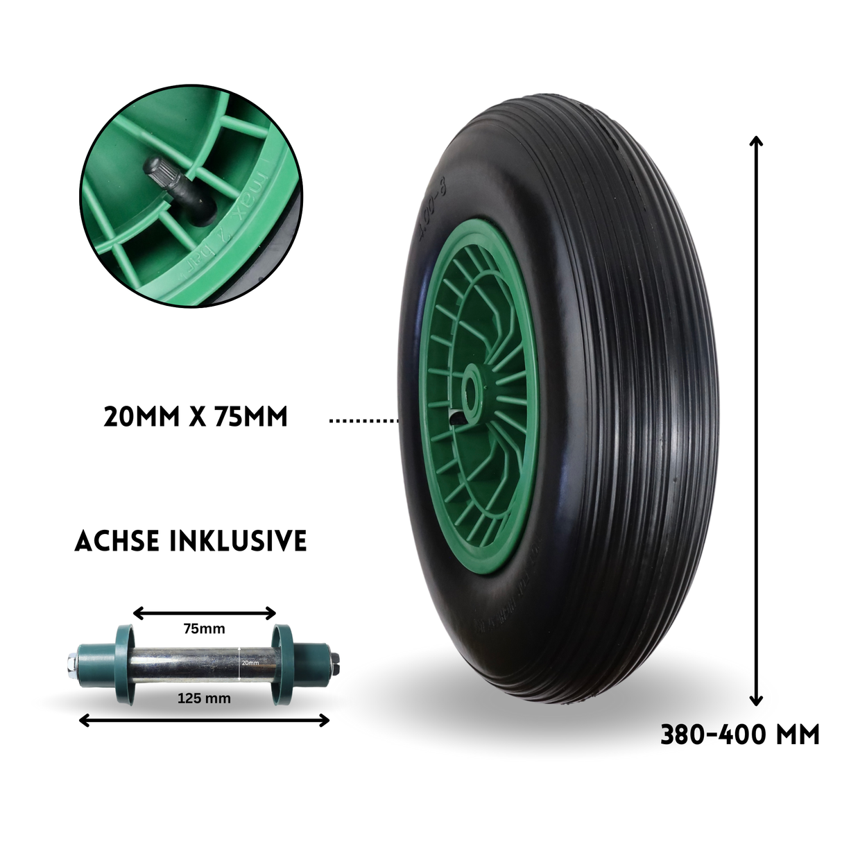 FROSAL Schubkarrenrad 400 (380) mm | Luftrad Schubkarre | Ersatzrad 4.80 / 4.00-8