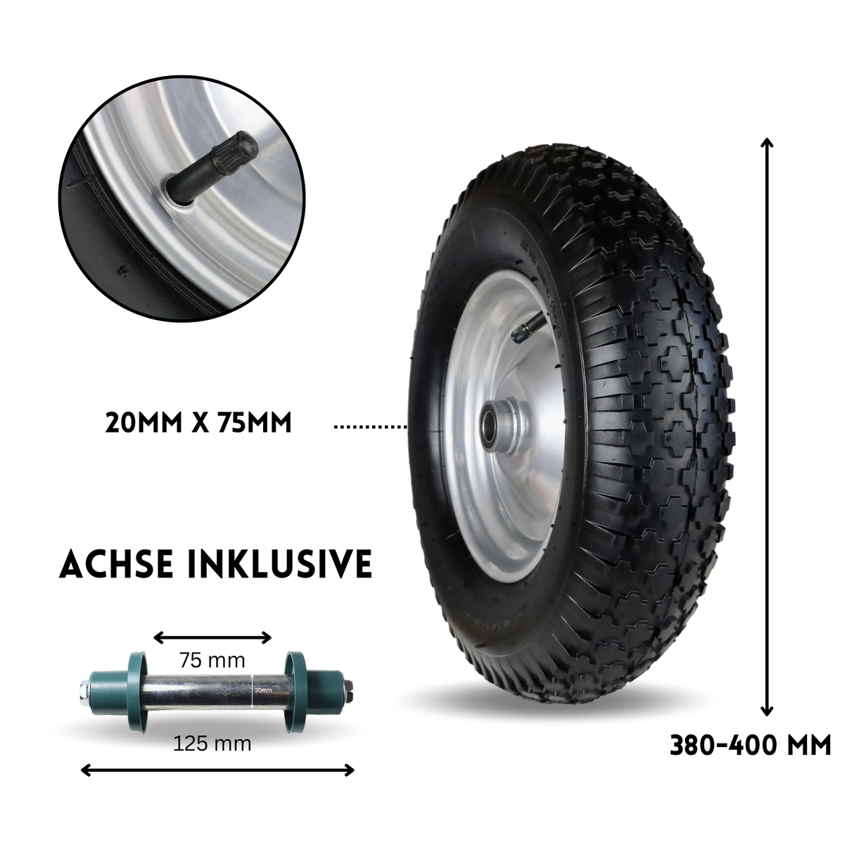 FROSAL Schubkarrenrad 400 (380) mm | Luftrad Schubkarre | Ersatzrad 4.80 / 4.00-8 Stahlfelge silber
