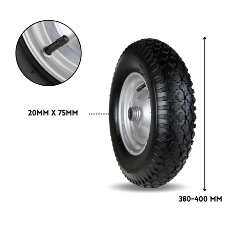 FROSAL Schubkarrenrad 400 (380) mm | Luftrad Schubkarre | Ersatzrad 4.80 / 4.00-8 Stahlfelge silber