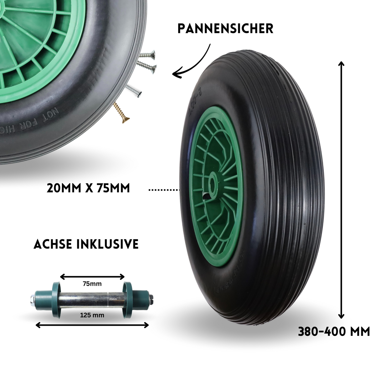 FROSAL PU Schubkarrenrad 400 pannensicher | Rad Vollgummi Schubkarre | Ersatzrad 4.80/4.00-8 Kunstst