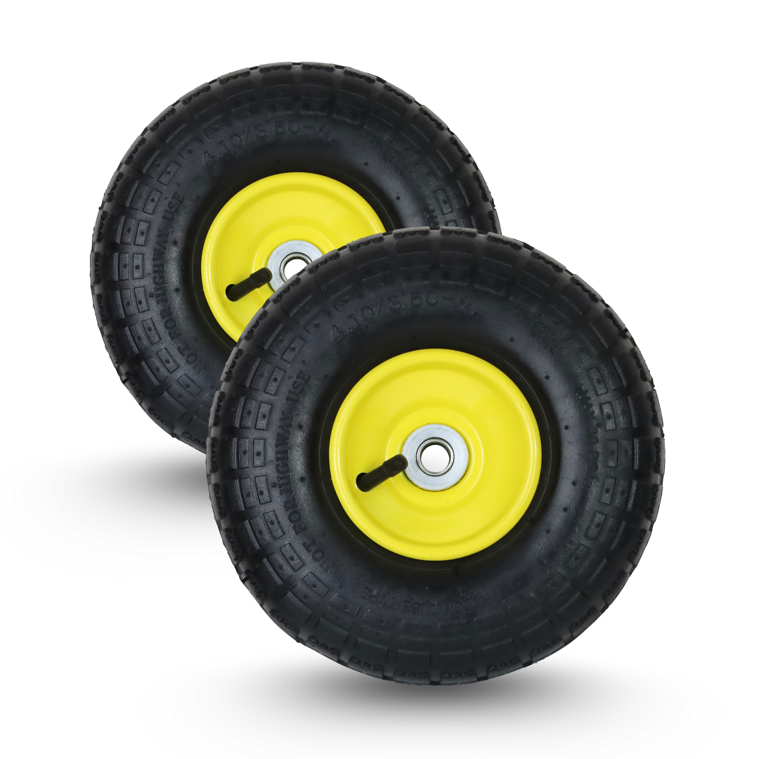 FROSAL Ersatzrad – Luftreifen 4.10/3.50-4 (260x85) – mit Kugellager, Nabenlänge 50 mm, Achsdurchmesser 16 mm, gelbe Stahlfelge – für Bollerwagen & Sackkarre 2 Stück
