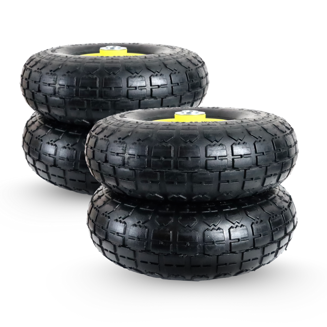 FROSAL Ersatzrad – Luftreifen 4.10/3.50-4 (260x85) – mit Kugellager, Nabenlänge 50 mm, Achsdurchmesser 16 mm, gelbe Stahlfelge – für Bollerwagen & Sackkarre 4 Stück