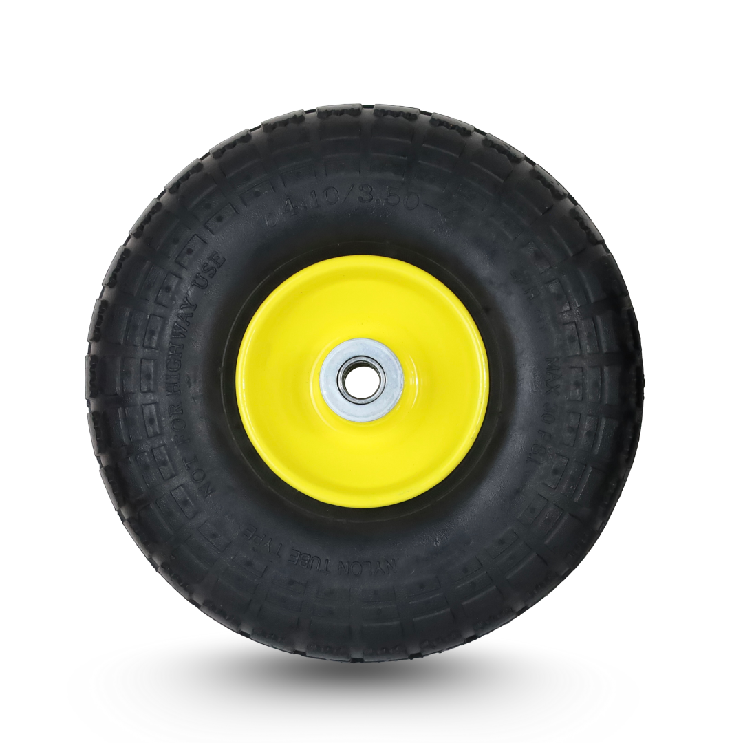 FROSAL Ersatzrad – Luftreifen 4.10/3.50-4 (260x85) – mit Kugellager, Nabenlänge 50 mm, Achsdurchmesser 16 mm, gelbe Stahlfelge – für Bollerwagen & Sackkarre