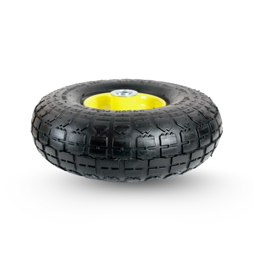 FROSAL Ersatzrad – Luftreifen 4.10/3.50-4 (260x85) – mit Kugellager, Nabenlänge 50 mm, Achsdurchmesser 16 mm, gelbe Stahlfelge – für Bollerwagen & Sackkarre