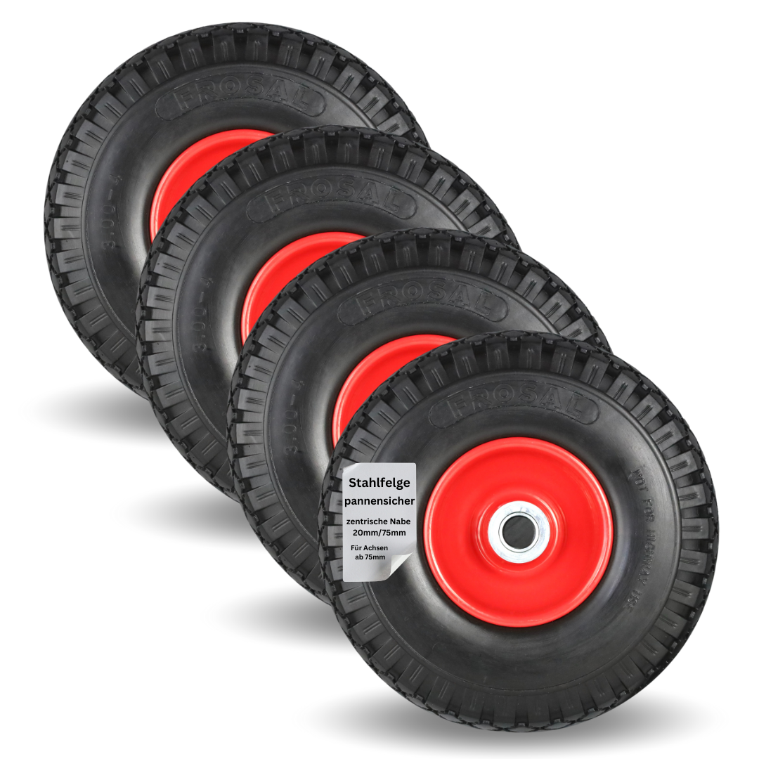 FROSAL pannensichere Ersatzräder 260×80 mm für Bollerwagen & Sackkarre | PU Rad auf Stahlfelge | Achse Ø20×75 mm | Räder Transportkarre pannensicher 4 Stück
