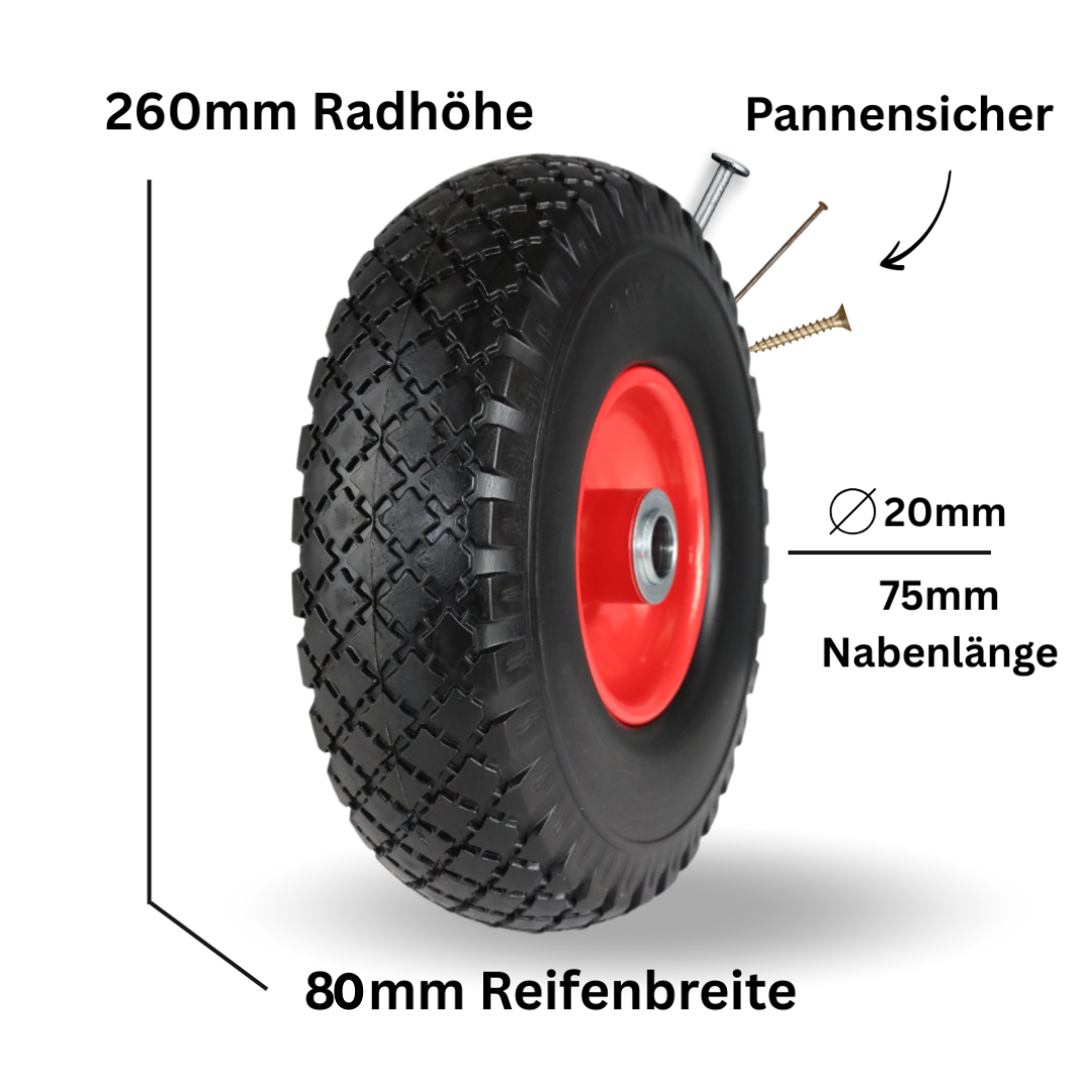 FROSAL pannensichere Ersatzräder 260×80 mm für Bollerwagen & Sackkarre | PU Rad auf Stahlfelge | Achse Ø20×75 mm | Räder Transportkarre pannensicher