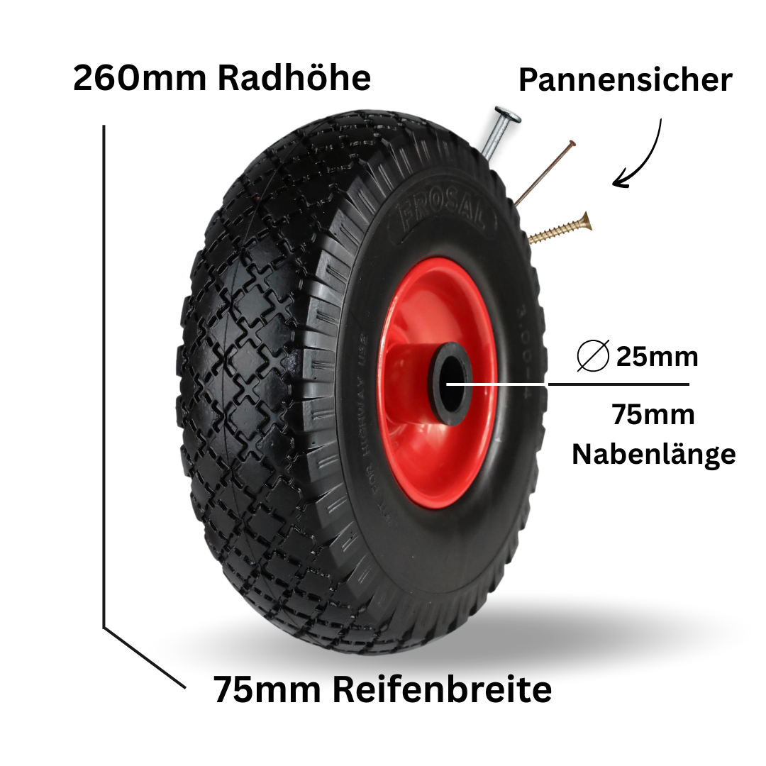 FROSAL pannensichere Ersatzräder 260×75 mm für Bollerwagen & Sackkarre | PU Rad auf Stahlfelge | Achse Ø25×75 mm | Räder Transportkarre pannensicher
