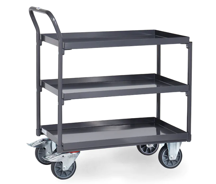 Fetra 9930 - ESD-Tischwagen mit Wannen, 3 Böden, Griff hochstehend