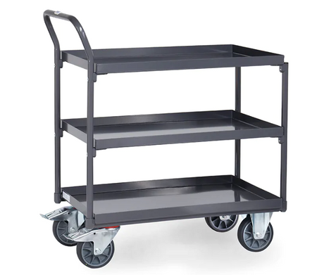 Fetra 9930 - ESD-Tischwagen mit Wannen, 3 Böden, Griff hochstehend