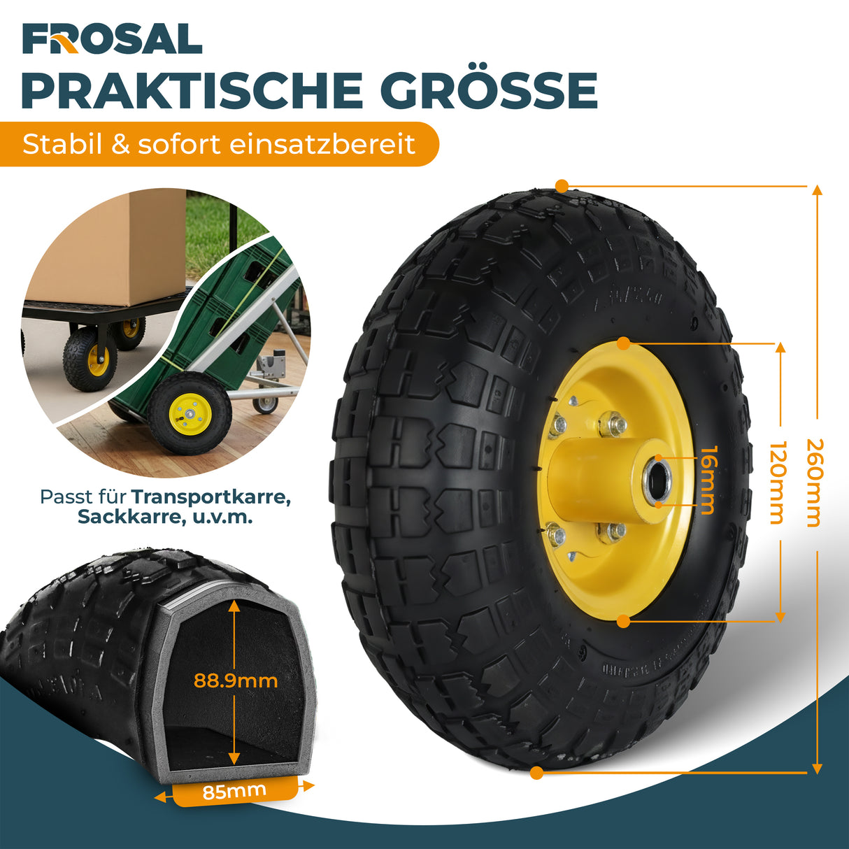 FROSAL Ersatzrad Transportwagen 16 mm Achse Gelb 4.10 / 3,50 - 4