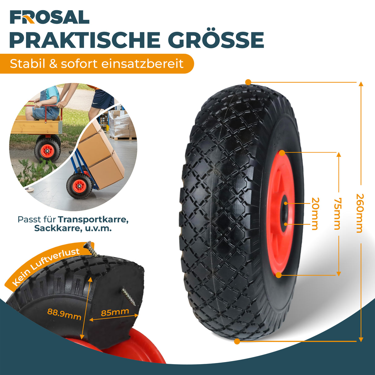 Frosal Ersatzrad - PU Rad Nabe 20mm/75mm für Bollerwagen oder Sackkarre pannensicher