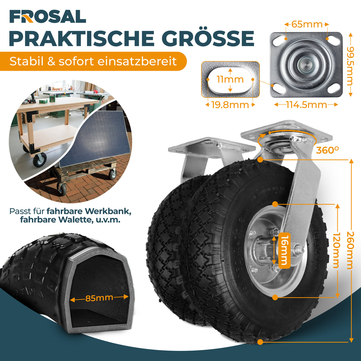 2 x Frosal Bockrolle + 2 x Lenkrolle Set Ø 260 x 85 mm | 3.00-4 Rad als 4-tlg. Set | Luftrad