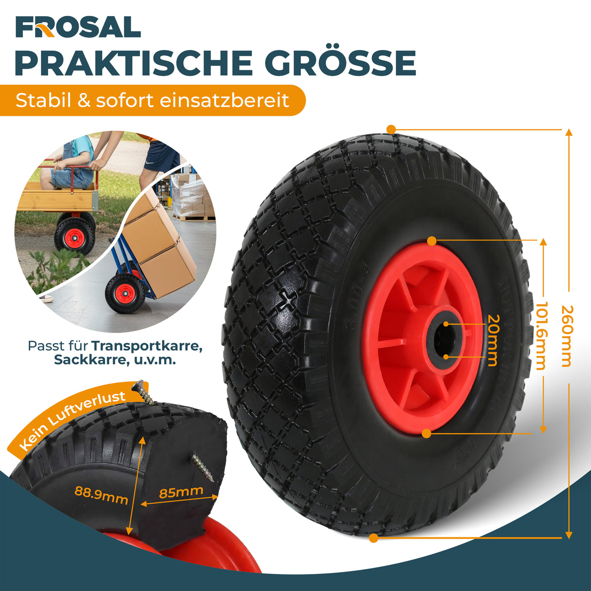 FROSAL Sackkarrenrad - PU Rad Nabe 20mm/60mm für Bollerwagen oder Sackkarre Vollgummi