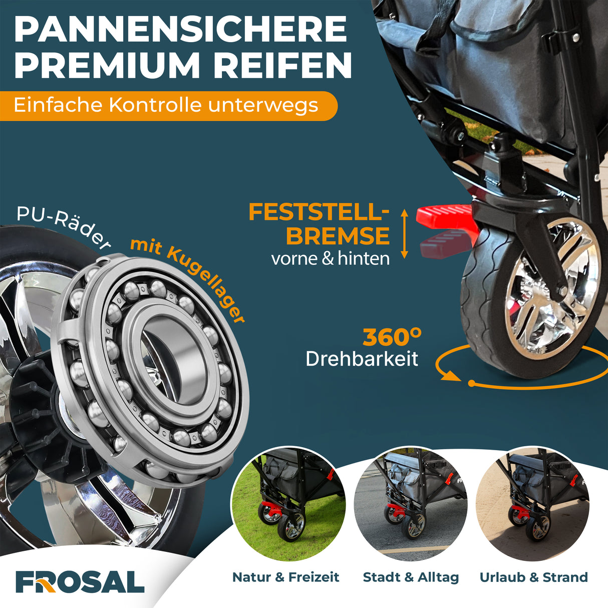 FROSAL Faltbarer Bollerwagen Leo mit Sonnendach und Stauraumerweiterung