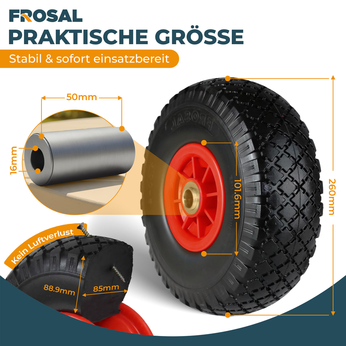 FROSAL Ersatzrad - PU Rad Nabe 16mm/50mm für Bollerwagen oder Sackkarre pannensicher