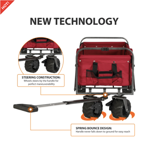 Sekey faltbarer Bollerwagen, große Räder und Bremsen in rot