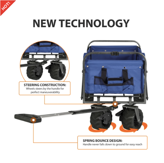 Sekey faltbarer Bollerwagen, große Räder und Bremsen in blau