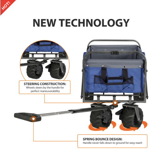 Sekey faltbarer Bollerwagen, große Räder und Bremsen in blau/grau