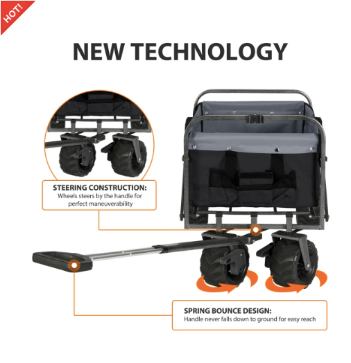 Sekey faltbarer Bollerwagen, große Räder und Bremsen in schwarz/grau
