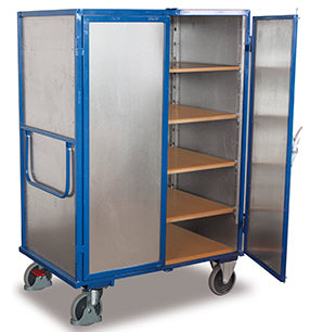 VARIOfit Etagenwagen Stahlblech, fünf Böden, Doppelflügeltür, Hebel. EasySTOP sw-700.413/sw-800.413