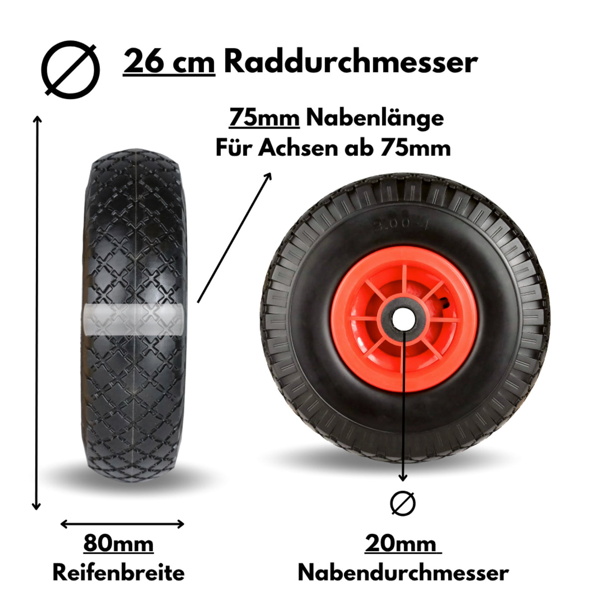 Frosal Ersatzrad - PU Rad Nabe 20mm/75mm für Bollerwagen oder Sackkarre pannensicher