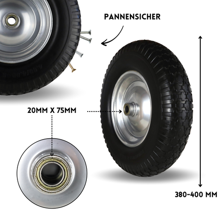 FROSAL PU Schubkarrenrad 400 (380)mm pannensicher | Ersatzrad 4.80/4.00-8 Stahlfelge silber