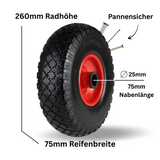 FROSAL pannensichere Ersatzräder 260×75 mm für Bollerwagen & Sackkarre | PU Rad auf Stahlfelge | Achse Ø25×75 mm | Räder Transportkarre pannensicher