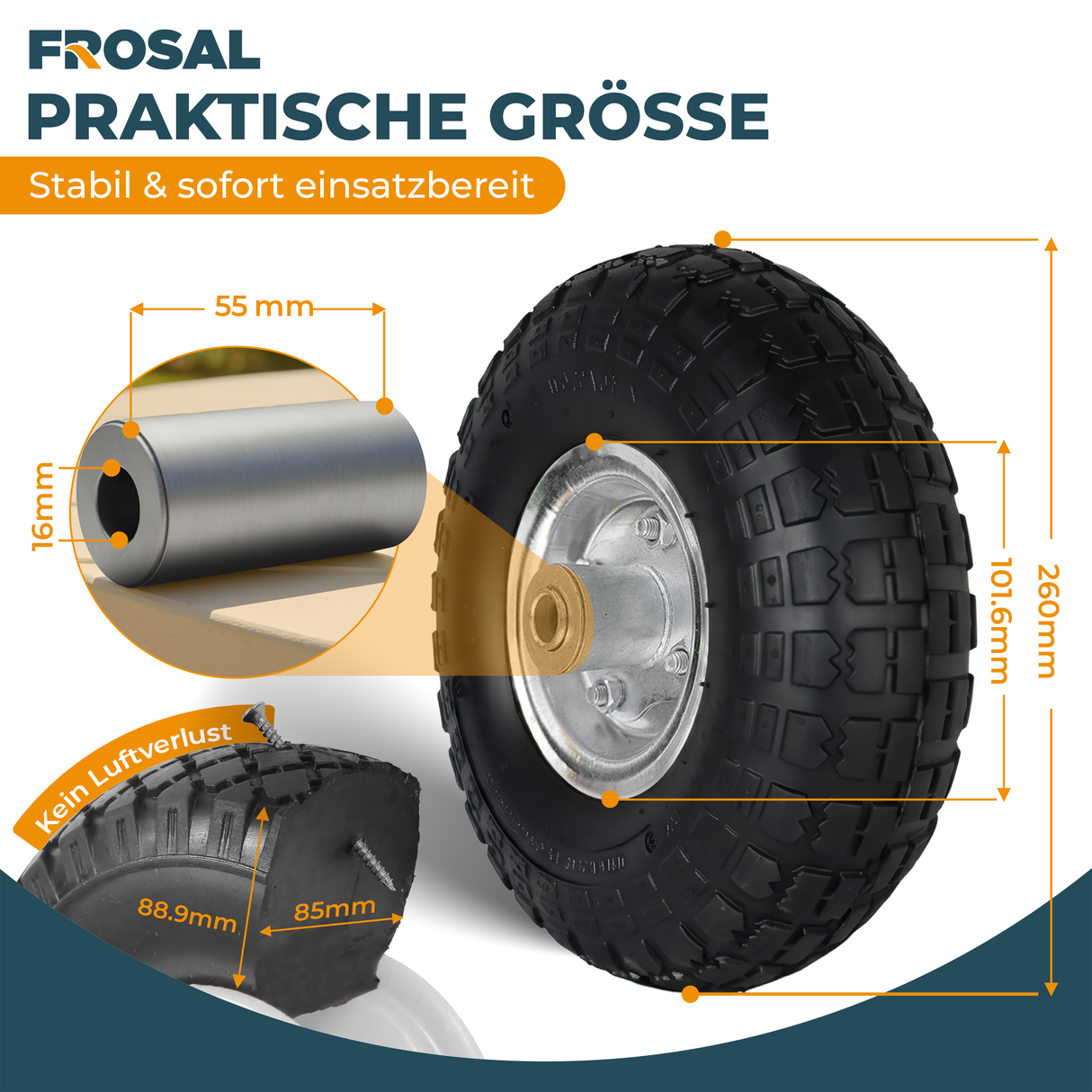 Frosal Ersatzrad pannensicher Transportwagen 16 mm Achse Silber 4.10 / 3,50 - 4