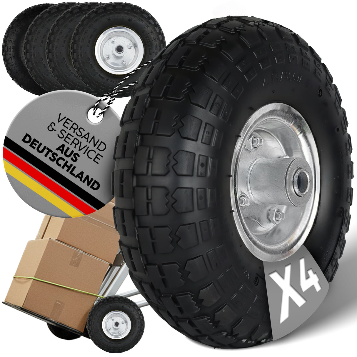 Frosal Ersatzrad pannensicher Transportwagen 16 mm Achse Silber 4.10 / 3,50 - 4 4 Stück