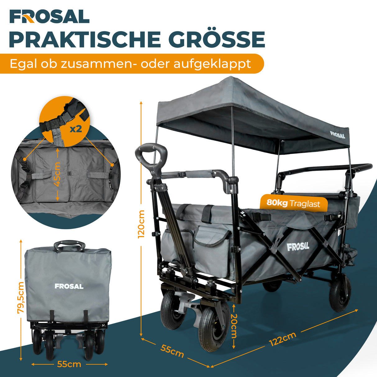 FROSAL Faltbarer Bollerwagen Leo grau mit Luftreifen