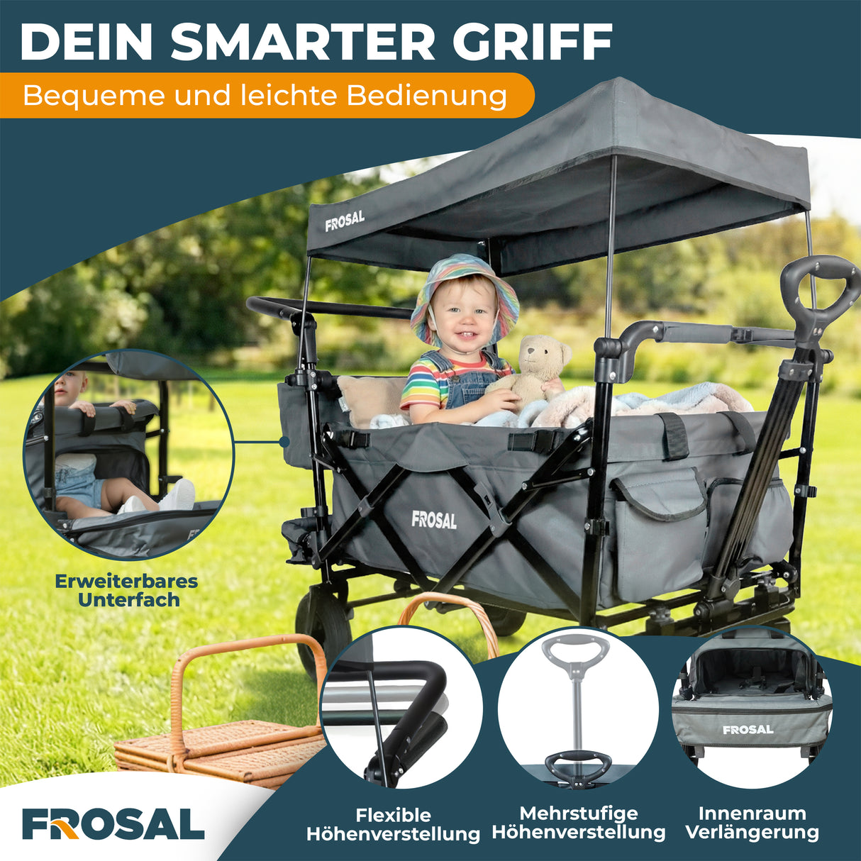 FROSAL Faltbarer Bollerwagen Leo grau mit Luftreifen