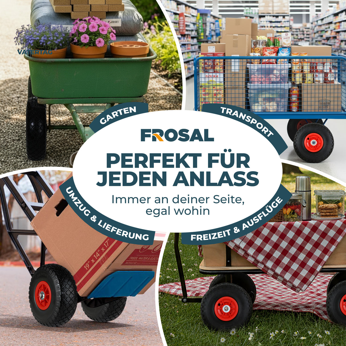 FROSAL Ersatzrad - PU Rad Nabe 16mm/50mm für Bollerwagen oder Sackkarre pannensicher