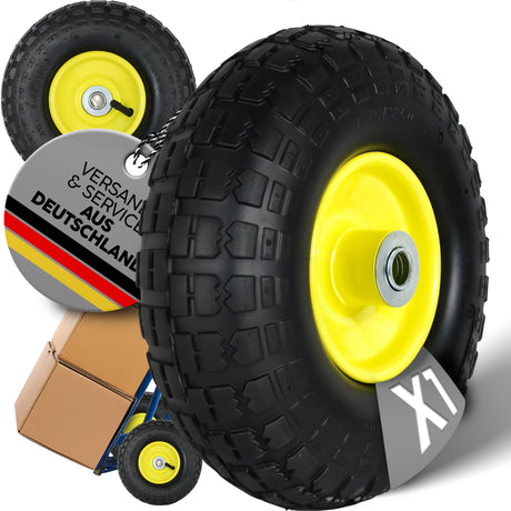 FROSAL Ersatzrad – Luftreifen 4.10/3.50-4 (260x85) – mit Kugellager, Nabenlänge 50 mm, Achsdurchmesser 16 mm, gelbe Stahlfelge – für Bollerwagen & Sackkarre 1 Stück