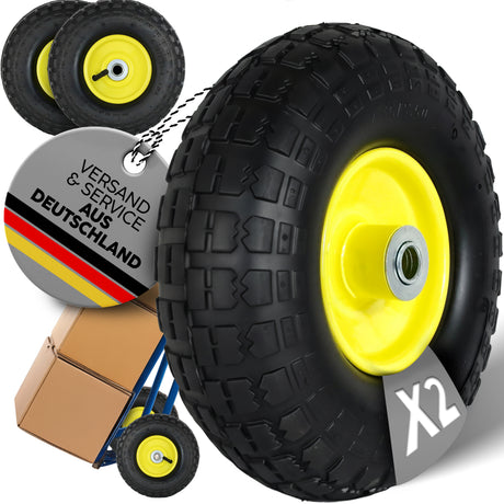 FROSAL Ersatzrad – Luftreifen 4.10/3.50-4 (260x85) – mit Kugellager, Nabenlänge 50 mm, Achsdurchmesser 16 mm, gelbe Stahlfelge – für Bollerwagen & Sackkarre