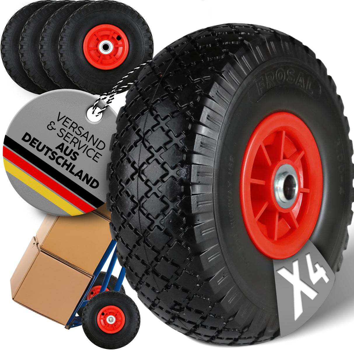 FROSAL Ersatzrad - PU Rad Nabe 16mm/50mm für Bollerwagen oder Sackkarre pannensicher 4 Stück