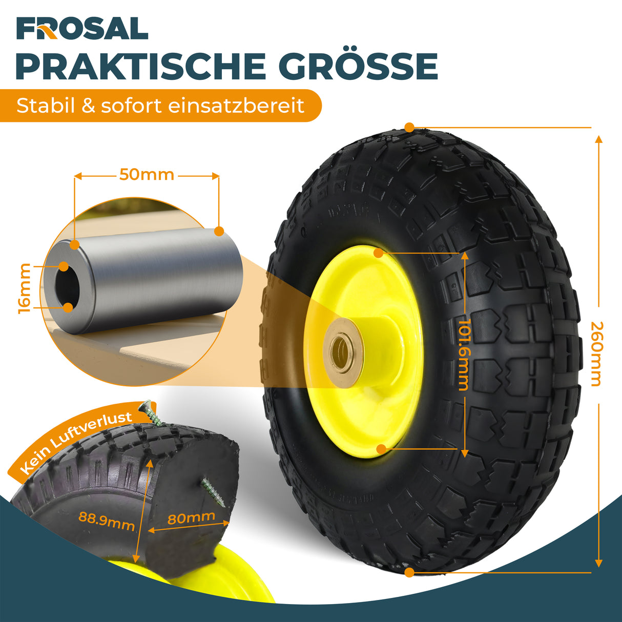 FROSAL Ersatzrad - PU Rad Nabe 16mm/50mm für Bollerwagen oder Sackkarre pannensicher Felge gelb