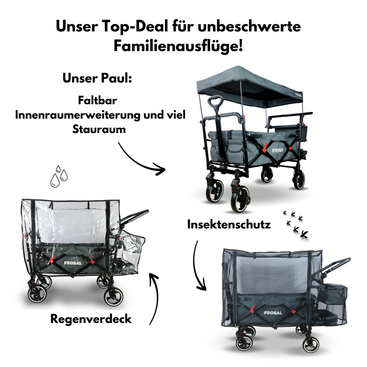FROSAL Bollerwagen Paul inkl. Regenverdeck und Insektenschutz